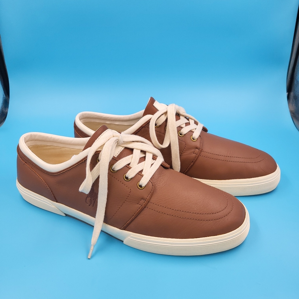Mens Polo Ralph Lauren Tan Leather Faxon Low Top Boat Shoes Sneakers EUC sz 14 D - Picture 5 of 14